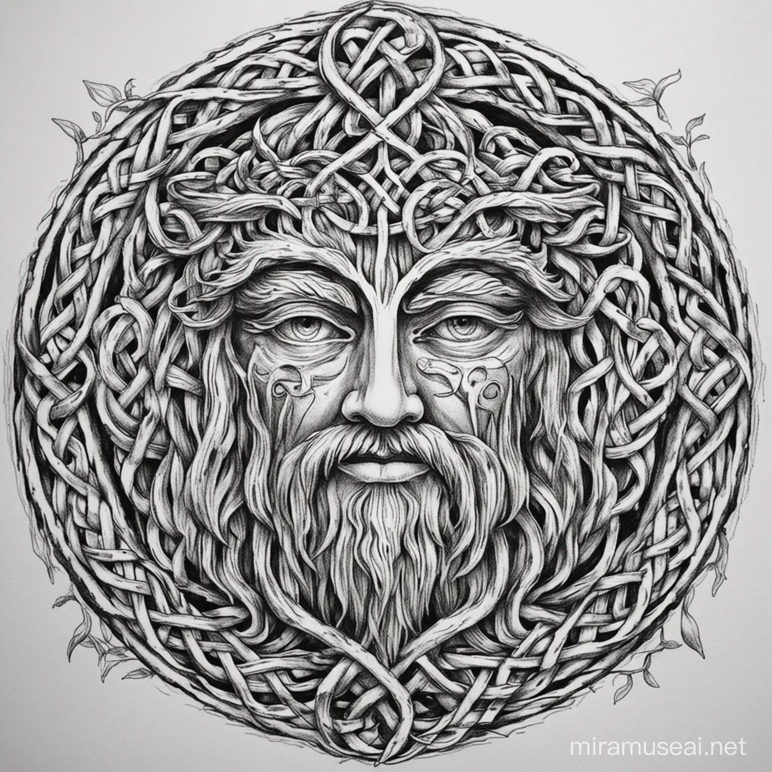 Black and white line drawing of celtic greenman simple