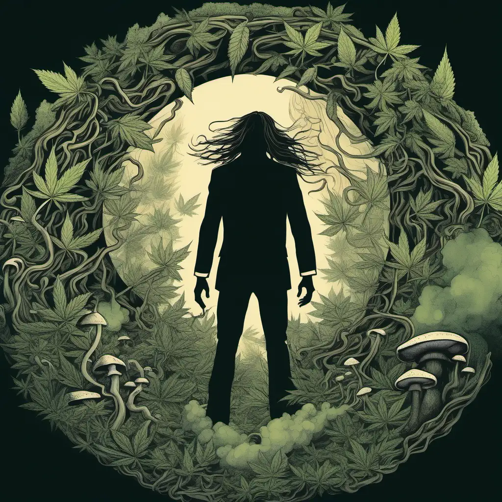 Illustrerad, tecknat, rund ram av grenar och rök, dynamisk, surrealism, surrealistisk, siluetter av cannabis och svampar, en man reser sig ur marken, man ser honom bakifrån, han har långt hår, styrka, frihet