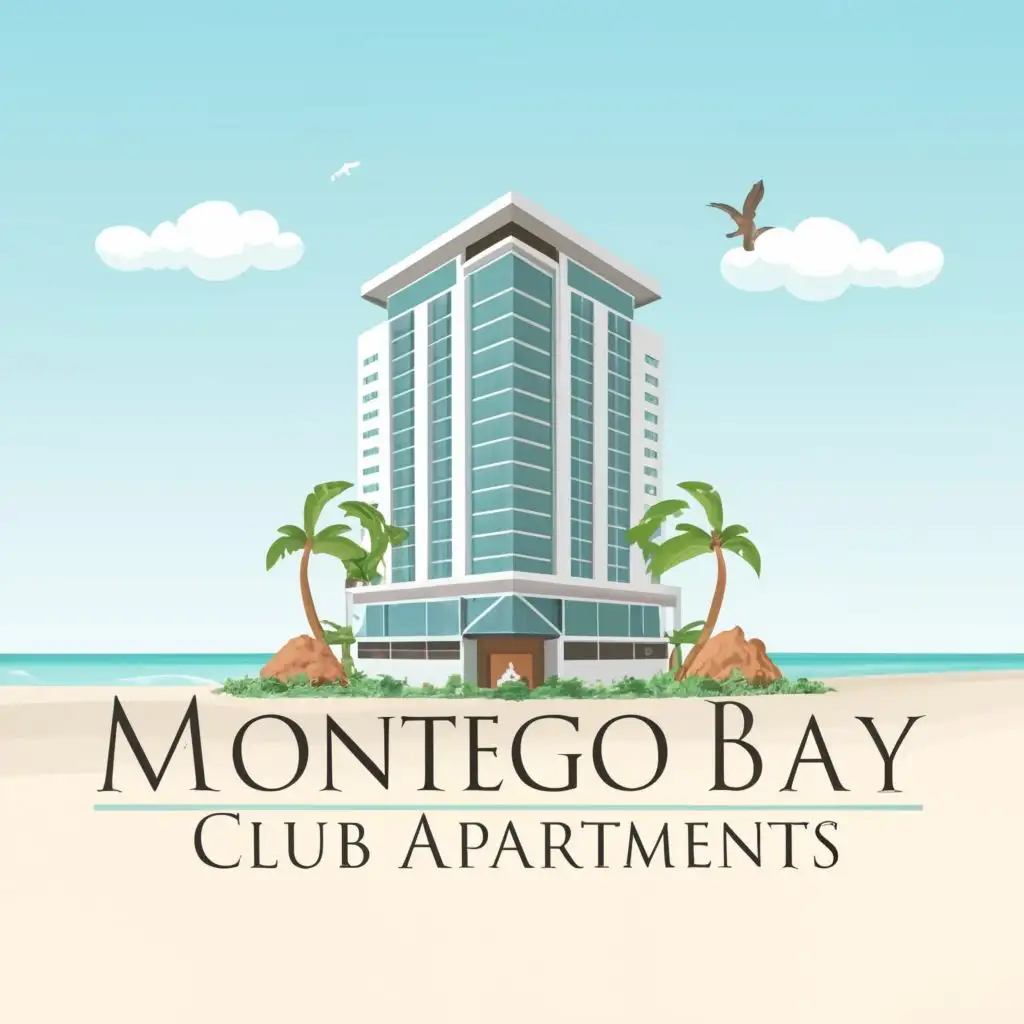 logo, tall modern building over the tropical beach, with the text "Montego Bay Club Apartments", typography, be used in Travel industry