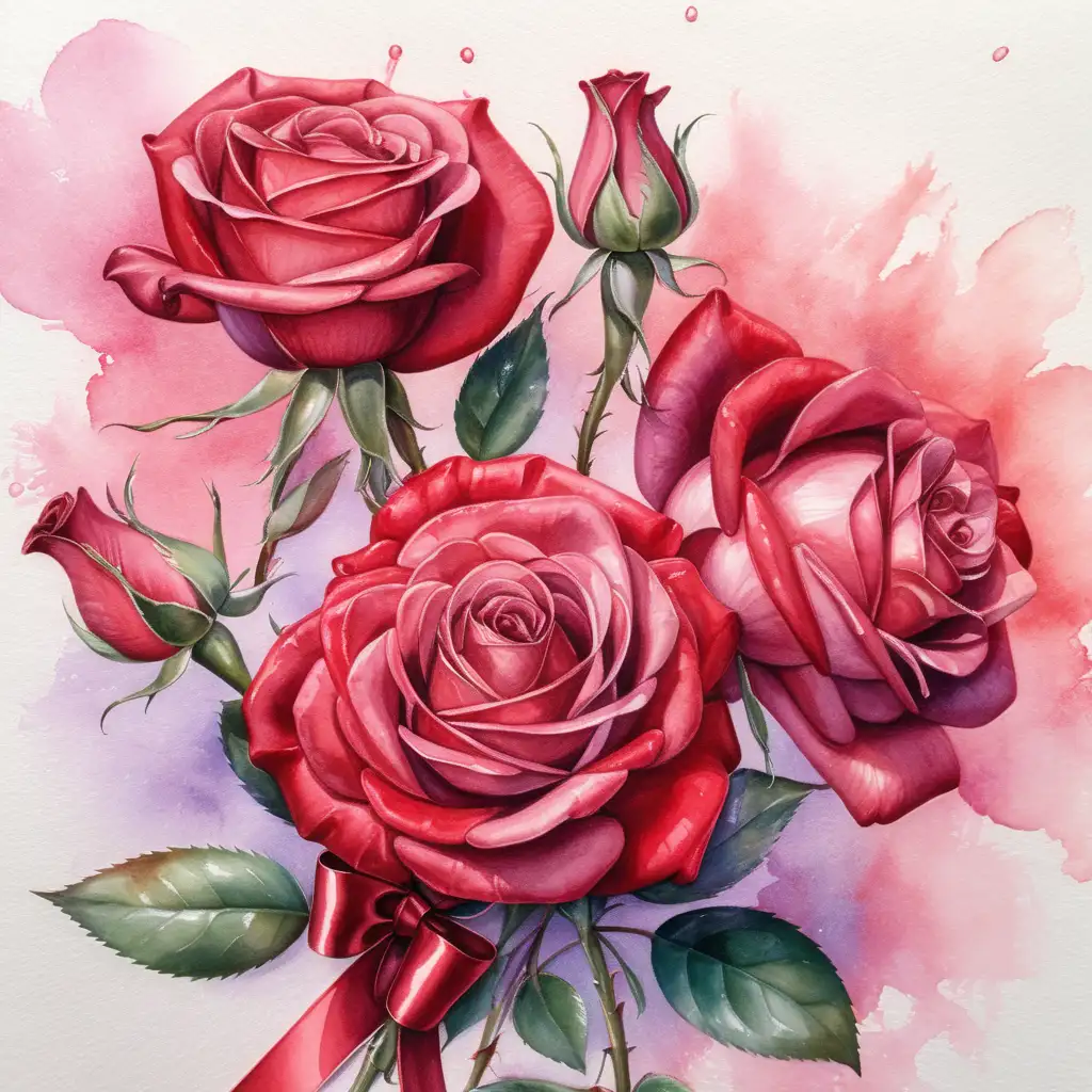 Elegant Watercolor Painting of Three Long Red Roses Tied with Silk Ribbon