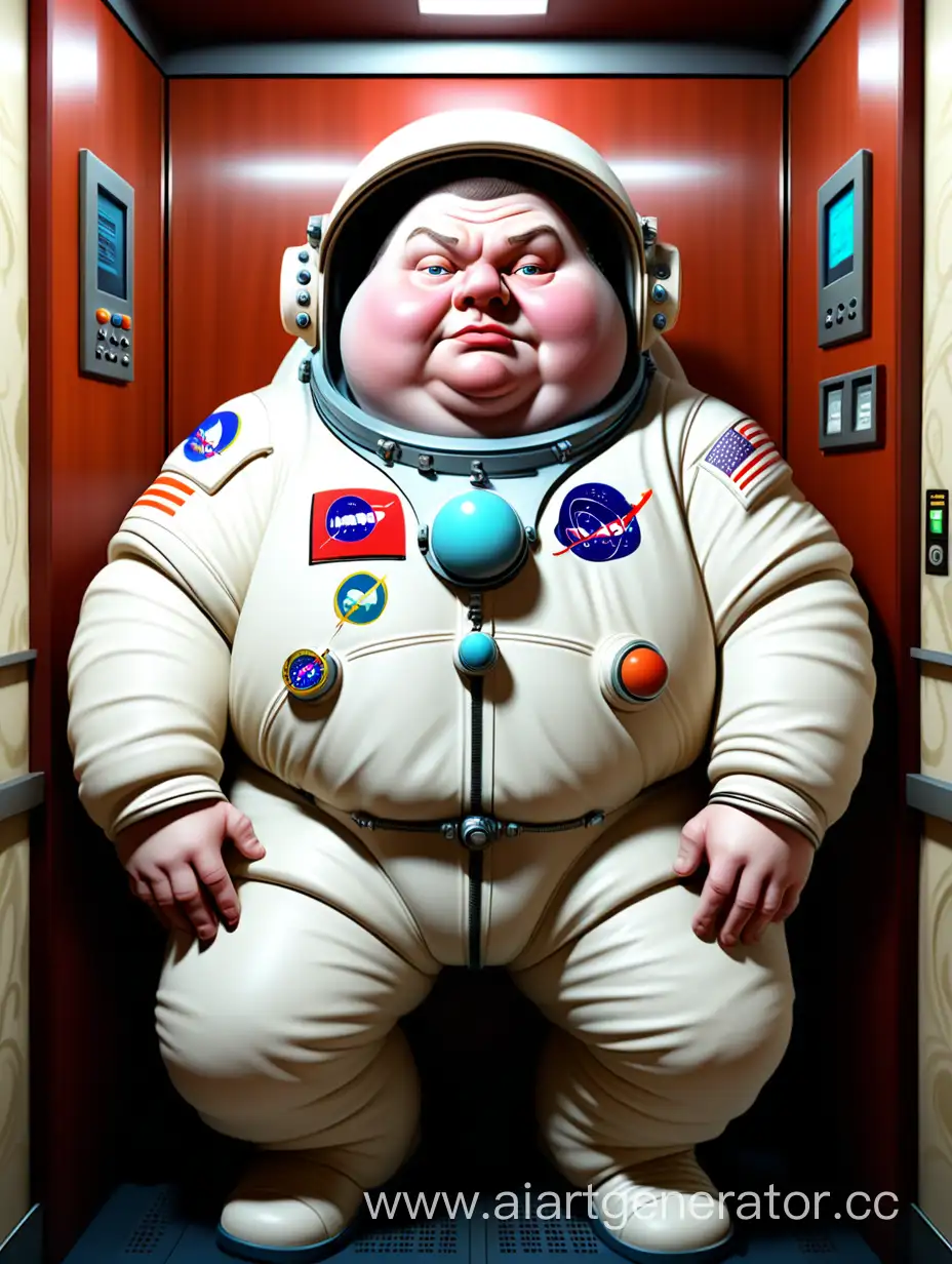 Изобрази жирного космонавта в кабинке лифта