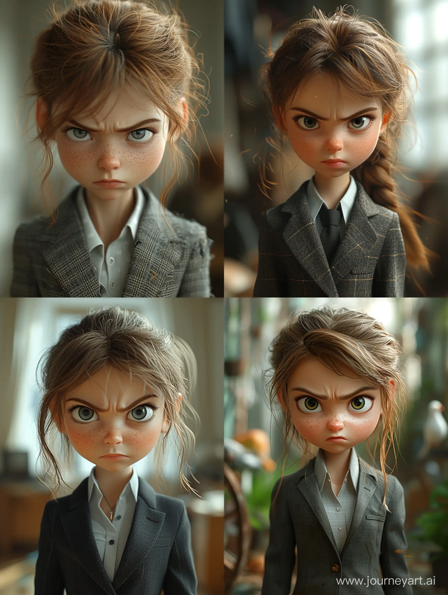 a young girl in a business suit with a very angry expression, in the style of unreal engine 5, cartoonish caricatures, i can't believe how beautiful this is, animated gifs, life-like avian illustrations, close-up, soft, romantic scenes --stylize 750