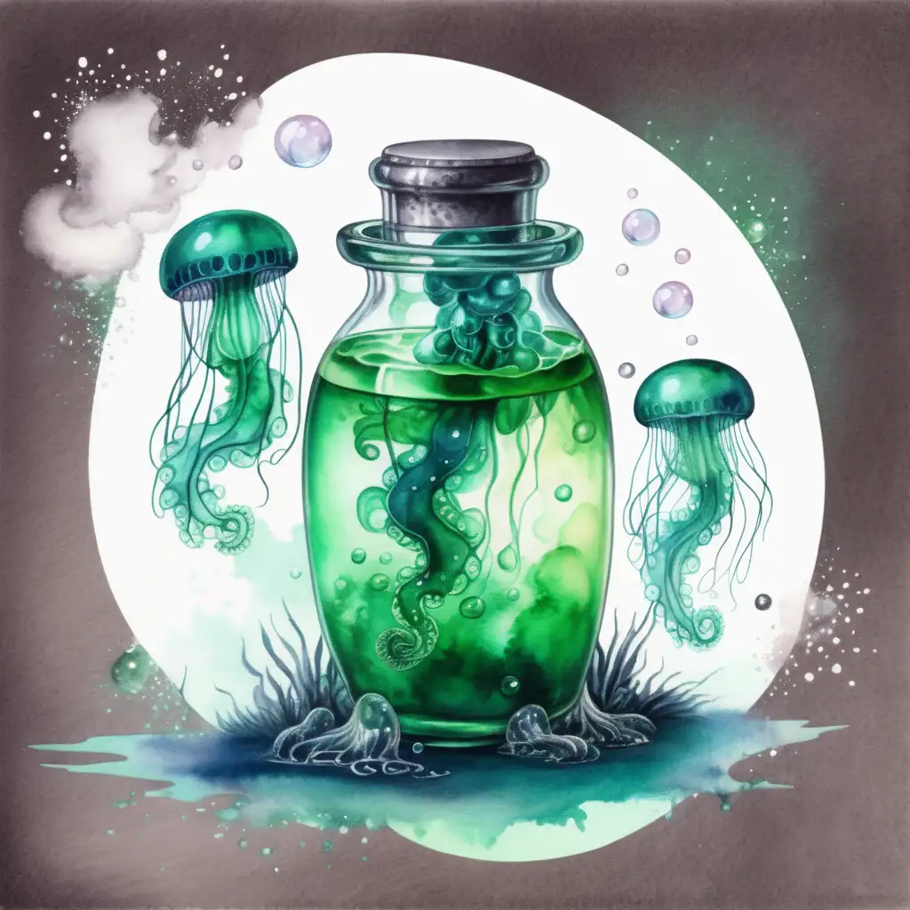 fantasy cloudy green potion with jellyfish bubble inside, dark watercolor drawing, no background