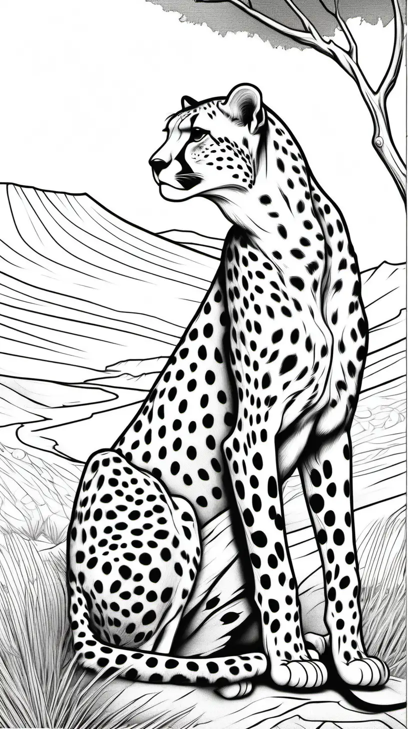 coloring page for adults, Cheetah, in Africa, low detail,  thick lines, no shade