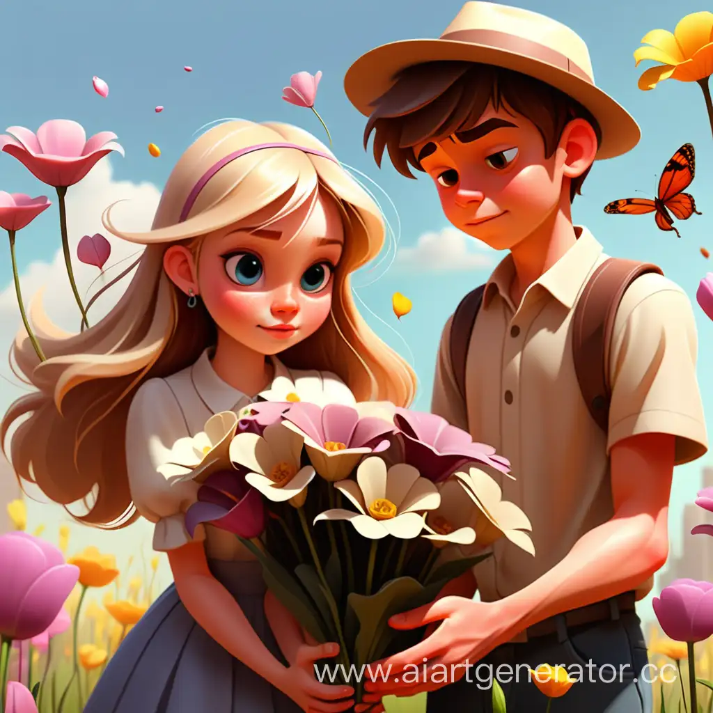 Девушка и молодой парень однимаются покк падают красивые цветы 