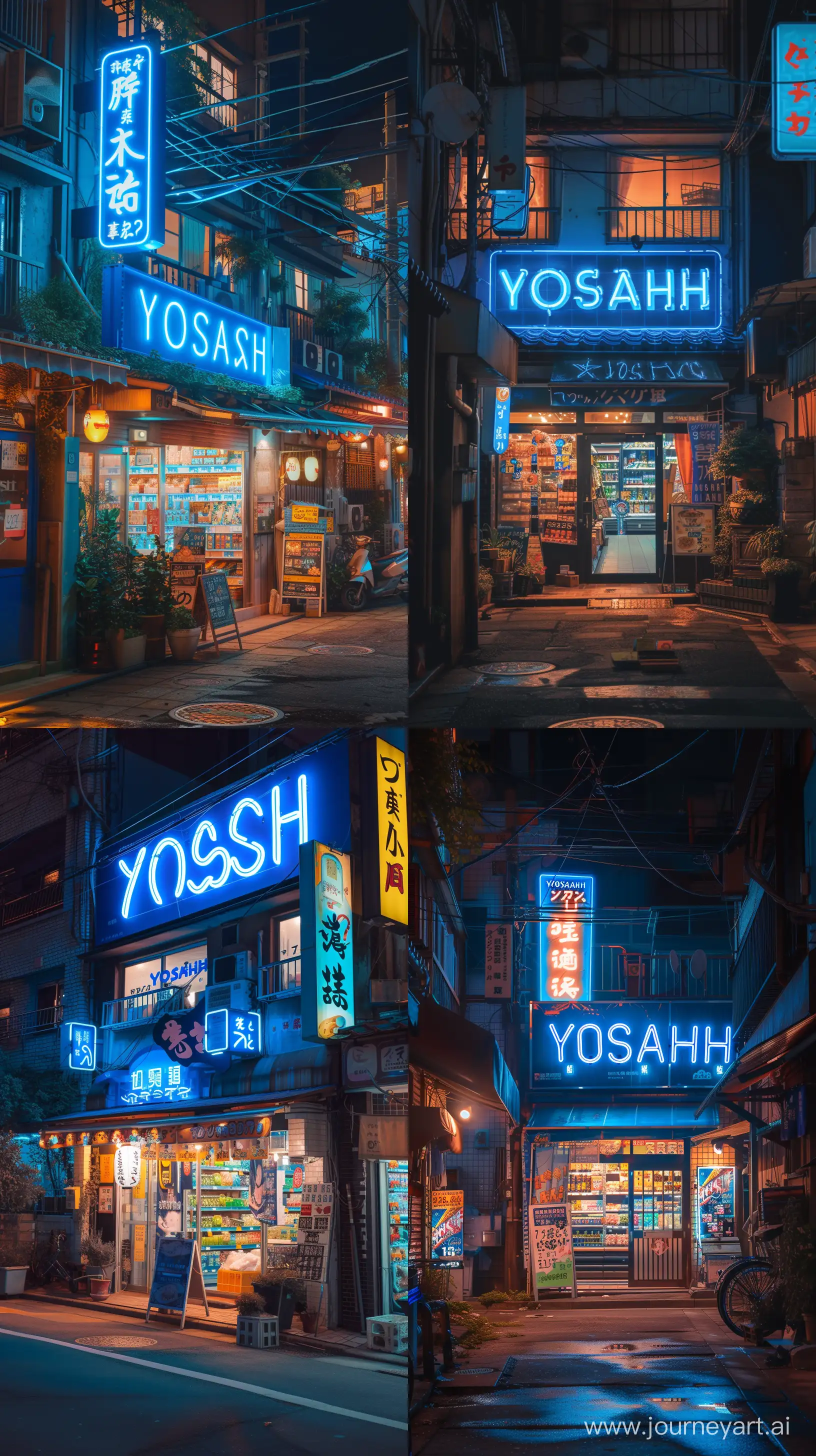 A full picture of a supermarket called "YOSASHI" in blue neon at night in an old neighborhood. Realistic. Real. Photo. --ar 9:16 --s 250 --style raw --v 6