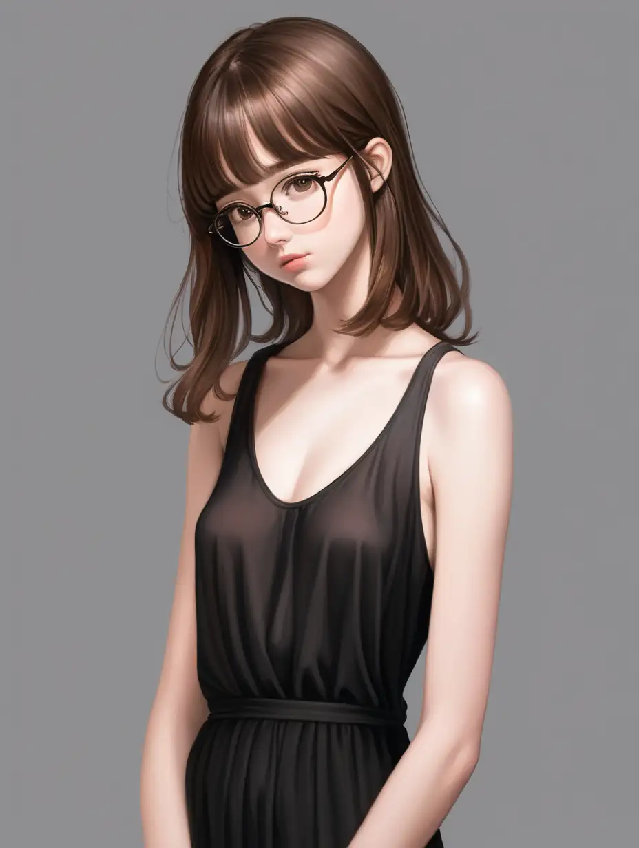 Shy Young Woman in Black Dress Anime Art