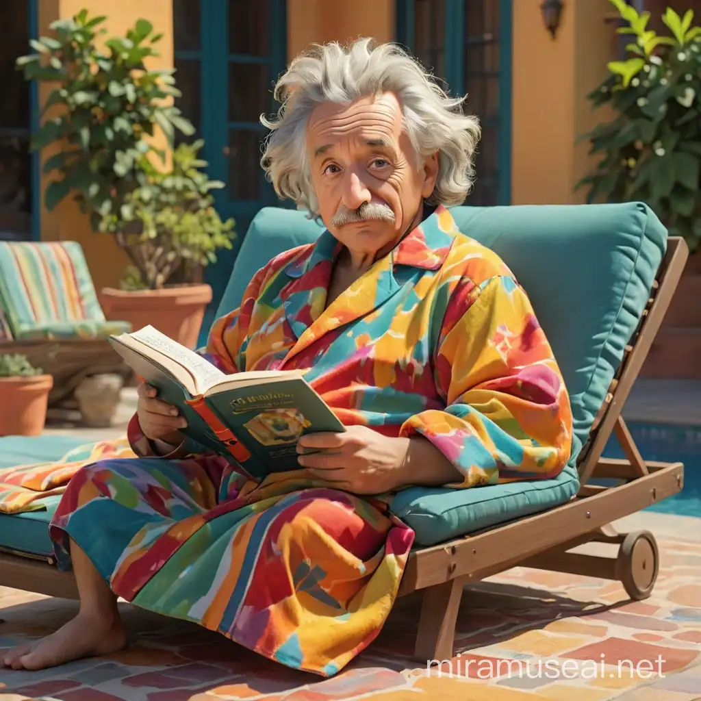 Albert Einstein is lying on a sun lounger on the terrace in a brightly colored house robe, he is holding a book and thinking very hard. WE see him in full height, with arms and legs.