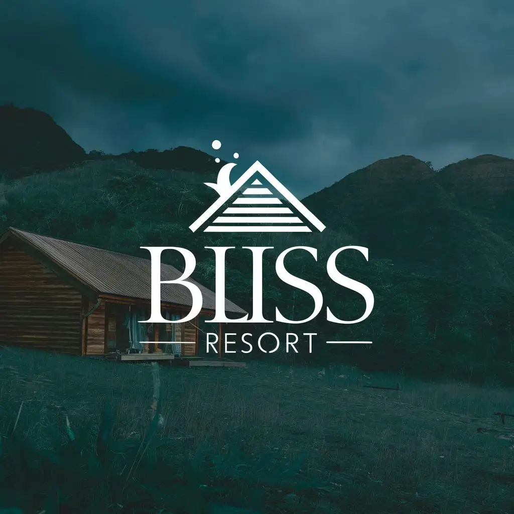 logo, wooden hut and hill, with the text "Bliss Resort", typography, be used in Real Estate industry