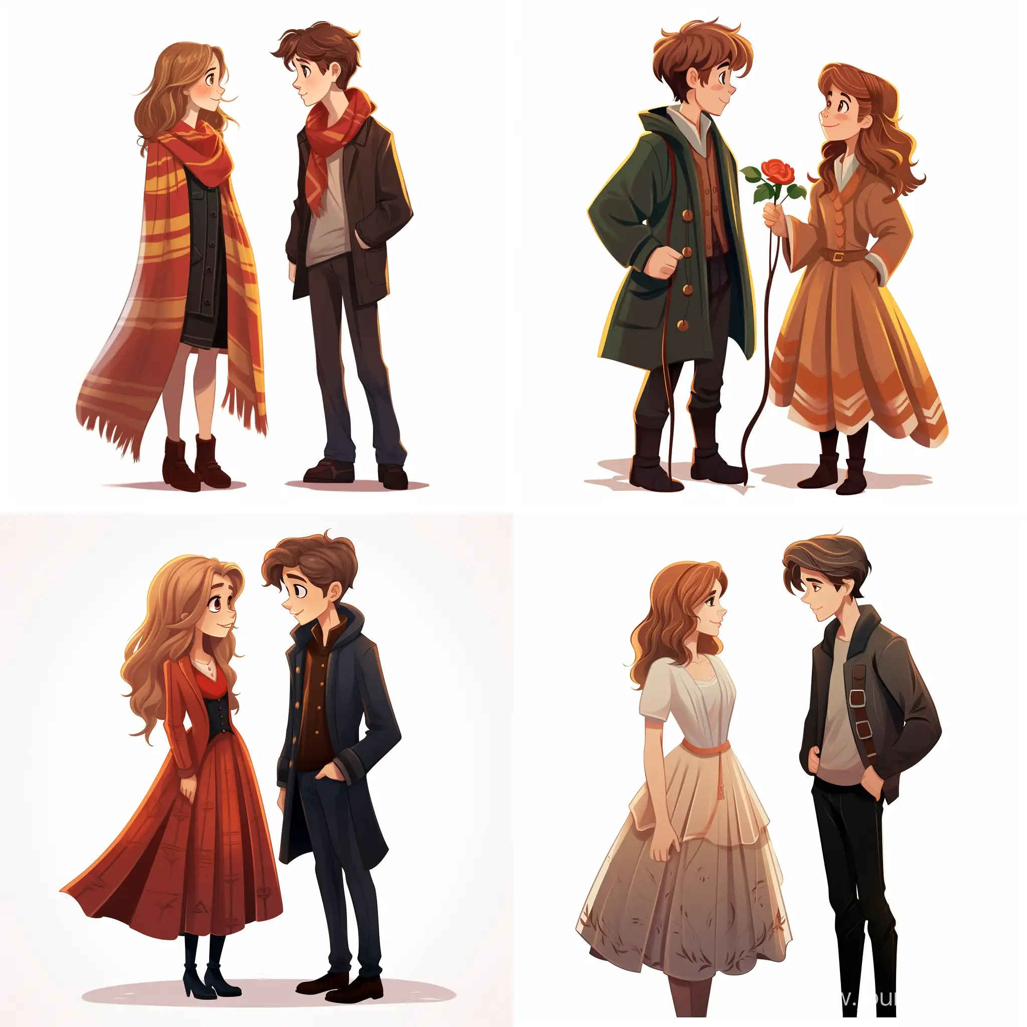 

Young Hermione, looking like Emma Watson and a young Ron Weasley, looking like Rupert Green, standing and talking on white background, cartoon style, illustration
