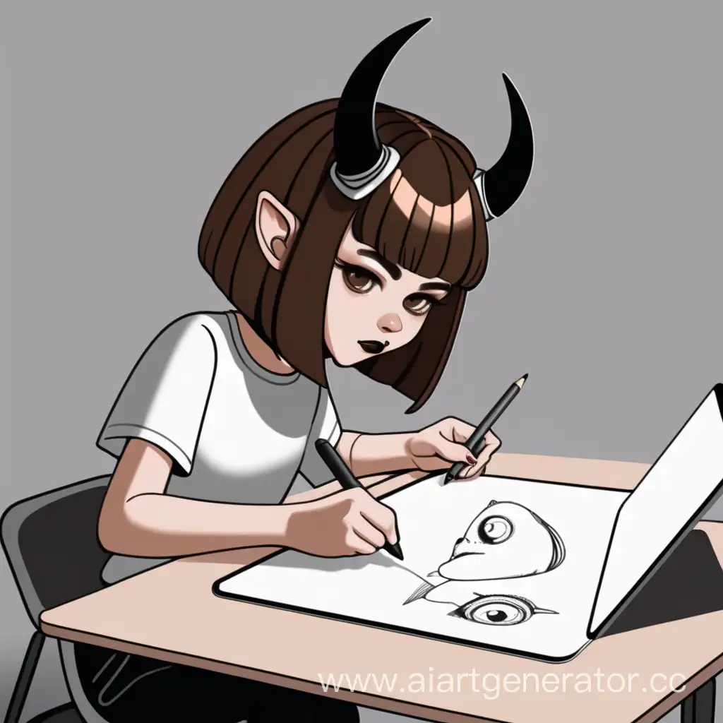 девушка с коричневым каре и маленькими чёрными рожками демона рисует на графическом планшете
