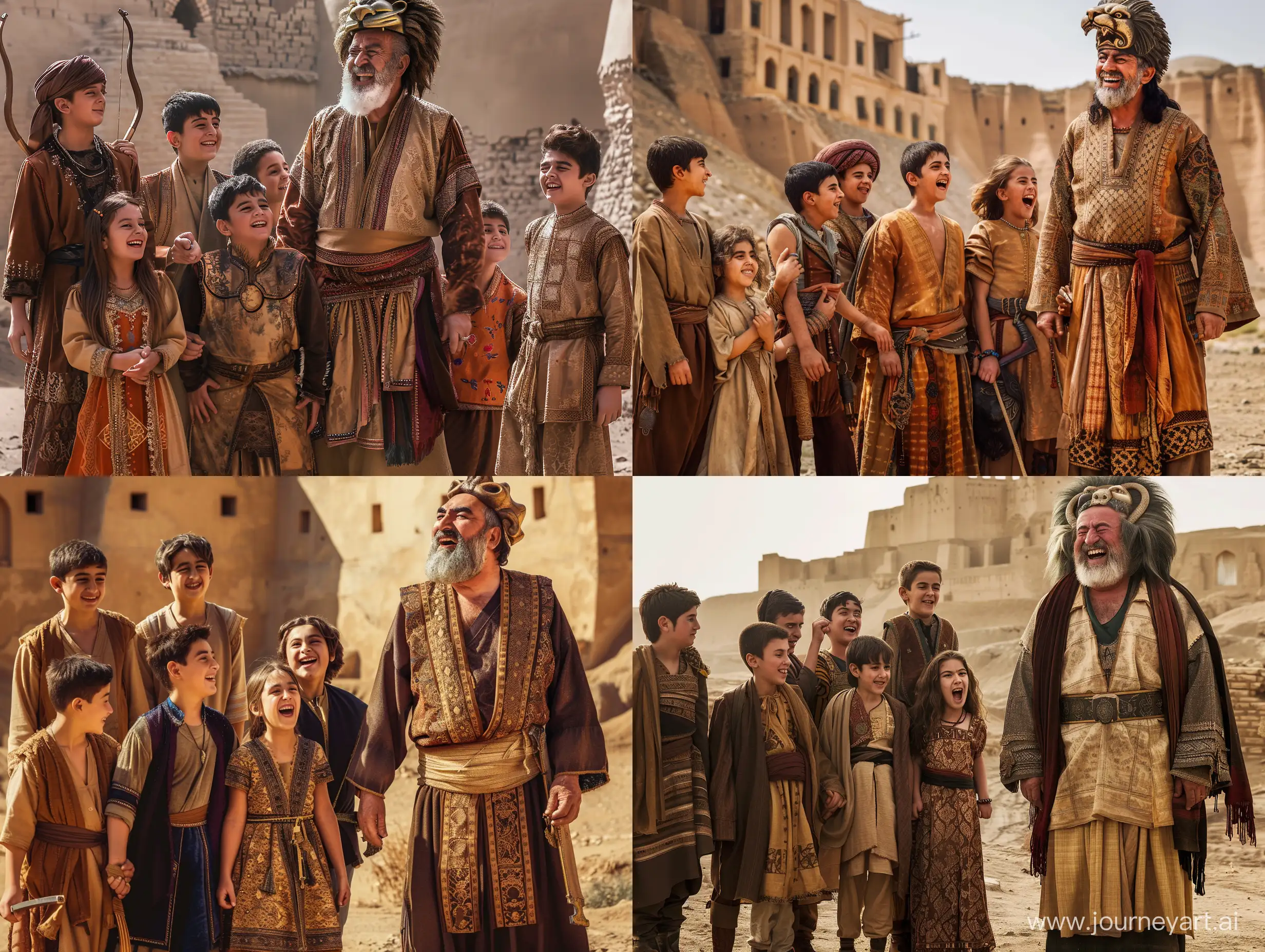 A father is standing in traditional Persian clothes, who wears a lion's head like a hat, and looks like he is 55 years old the has seven sons and a daughter. Some of his sons three of them, aged 30, 35 and 32, are standing on right of him. The 35-year-old son is wearing ancient blacksmith clothes.  He is laughing, the 32-year-old boy has a bow and wears an archery dress, and the 30-year-old boy wears an ancient Persian martial dress. the others one and daugher are on the left of him,  4 sons, one is 31 years old with a beautiful Persian dress, one is 33 years old with a traditional dress, and the other is 34 years old who also wears traditional clothes and a 29-year-old boy in normal clothes holding the hand of his 18-year-old sister who wears traditional Persian clothes, all of them are in the Bam Citadel of Kerman in the Persian Empire. in a desert, in an ancient civilization, cinematic, epic realism,8K, highly detailed, low angle photograph, backlit