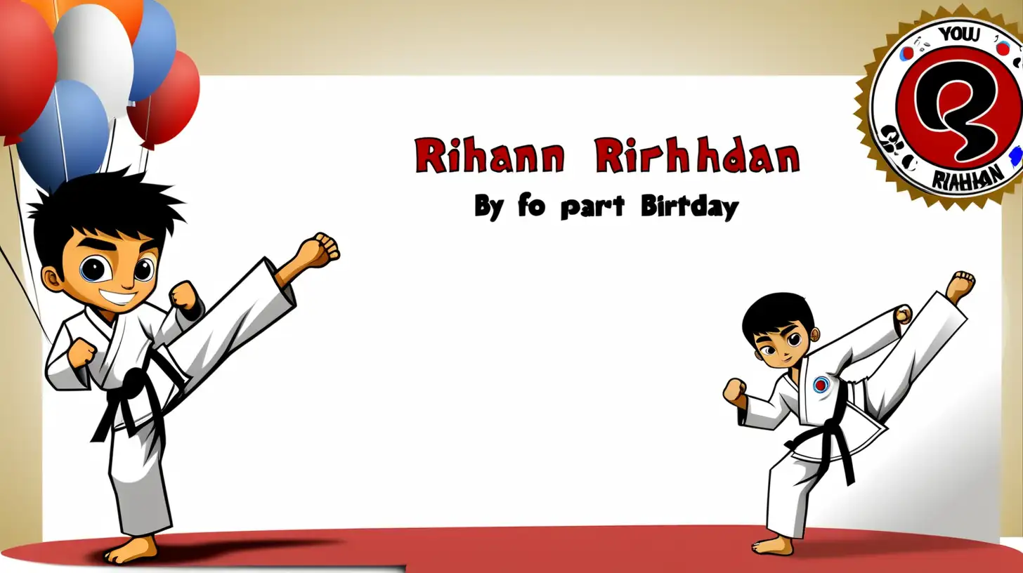Make an invitation card for a 6 year old boy’s named Rihaan’s birthday part using taekwondo 
