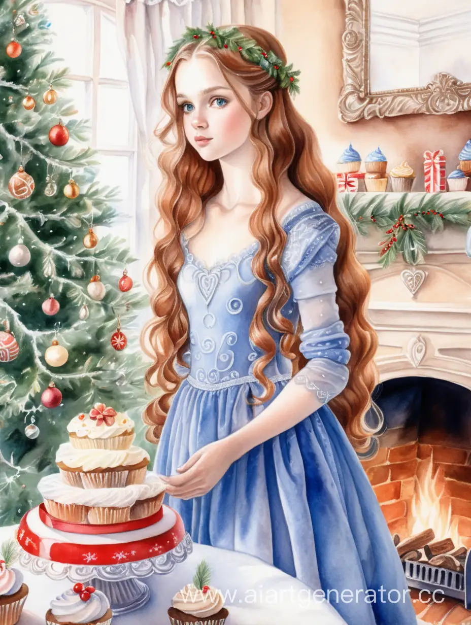 Festive-Christmas-Scene-Slavic-Girl-with-Chestnut-Curls-by-the-Fireplace