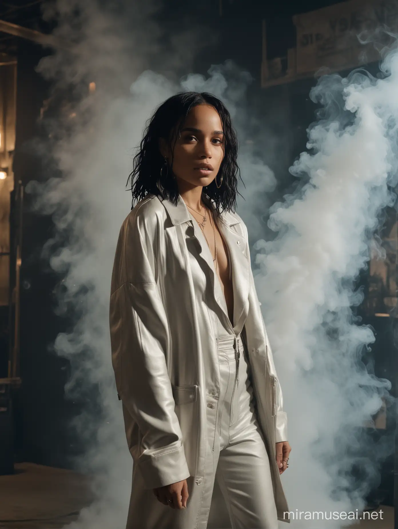 Zoe Kravitz x Fear of God: Within a dimly lit underground club, Zoe Kravitz exudes downtown cool and effortless glamour. Each photo captures her amidst pulsating lights and swirling smoke, showcasing Fear of God's luxe streetwear staples against Kravitz's sultry allure and edgy attitude.