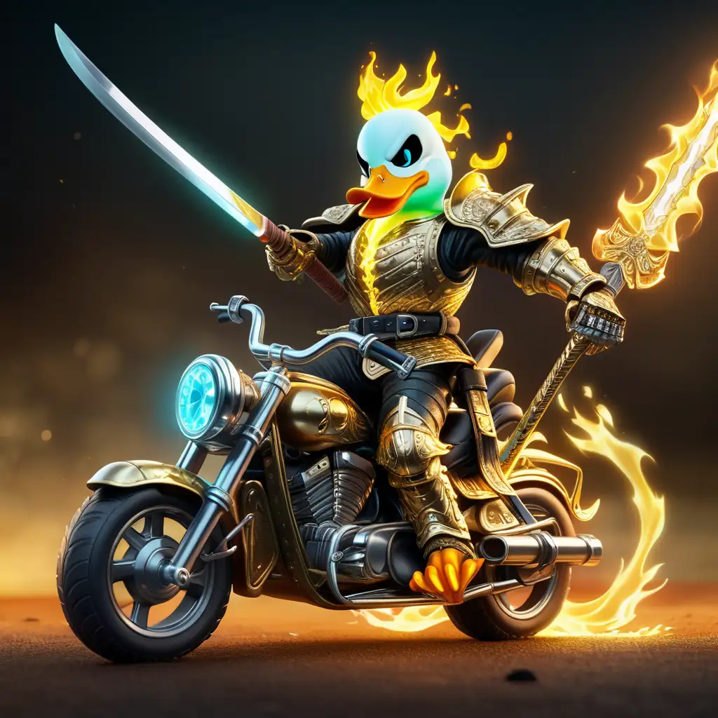 angry ghost rider duck with gold knight armor riding horse with katana sword ang glowing eyes