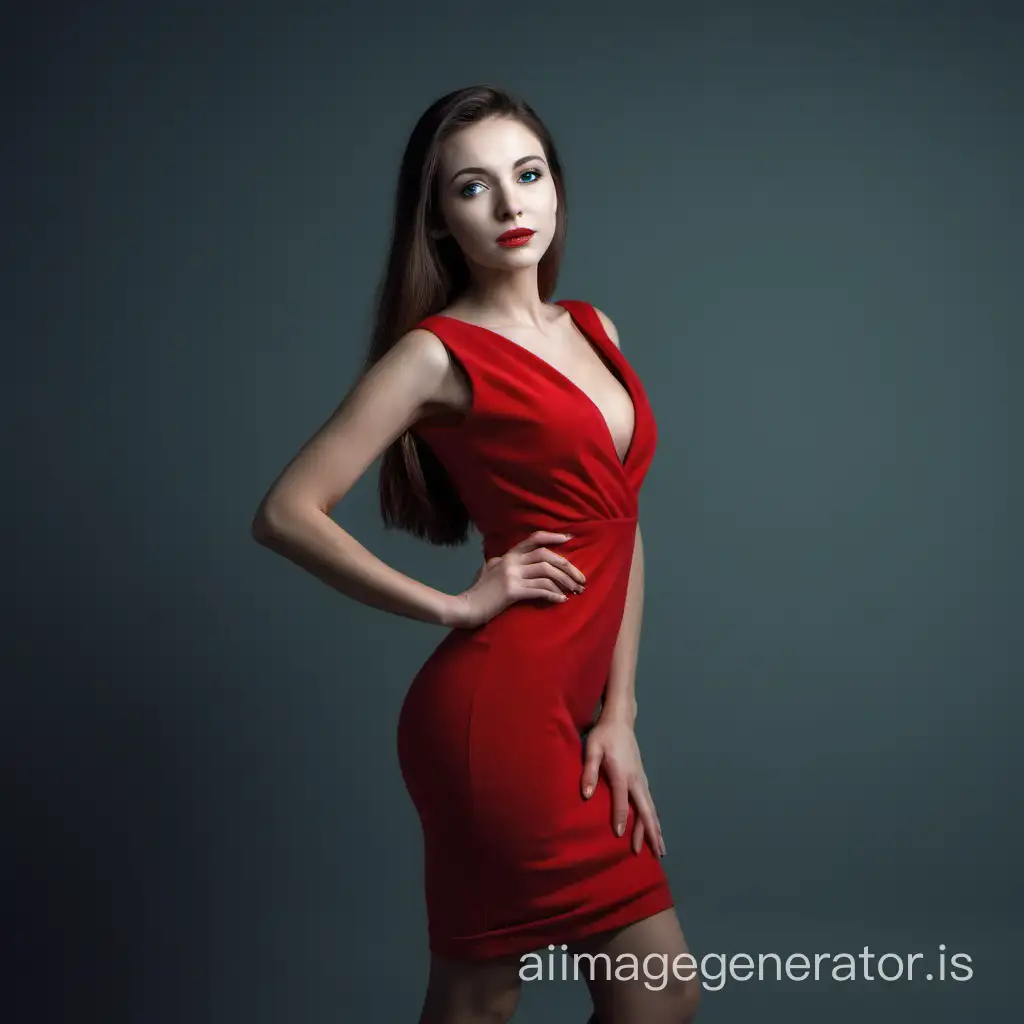 A beautiful woman in a red dress is standing