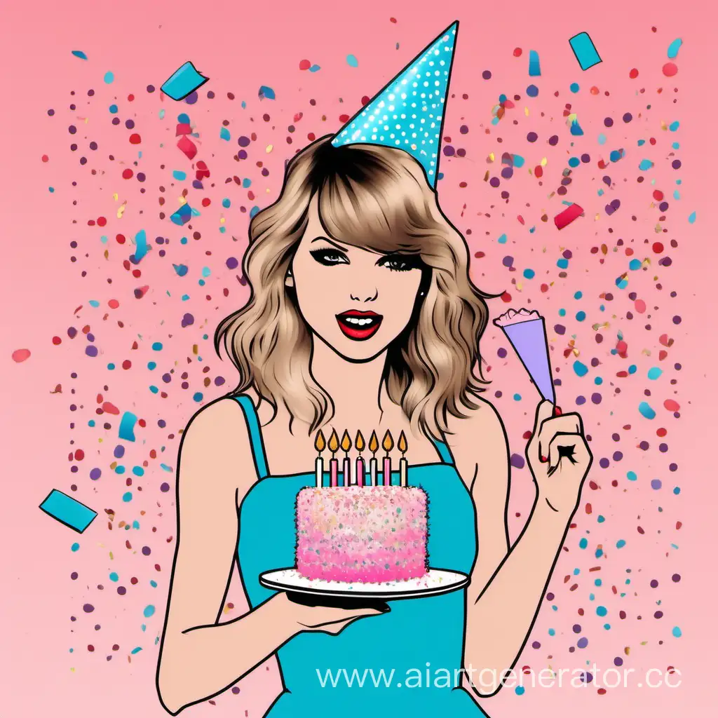 TAYLOR SWIFT CARTOON WITH PARTY HAT AND HOLDING BIRTHDAY CAKE 
PASTEL OMBRE BACKGROUND PINK BLUE AND CONFETTI
