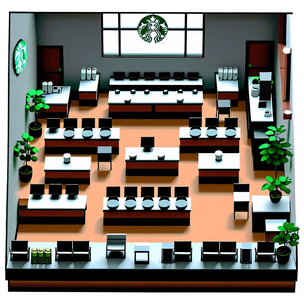 A overview of inside a coffee shop similar too modern day Starbucks, all in a 8-bit Pixel. At a slanted angel in a bird eye view