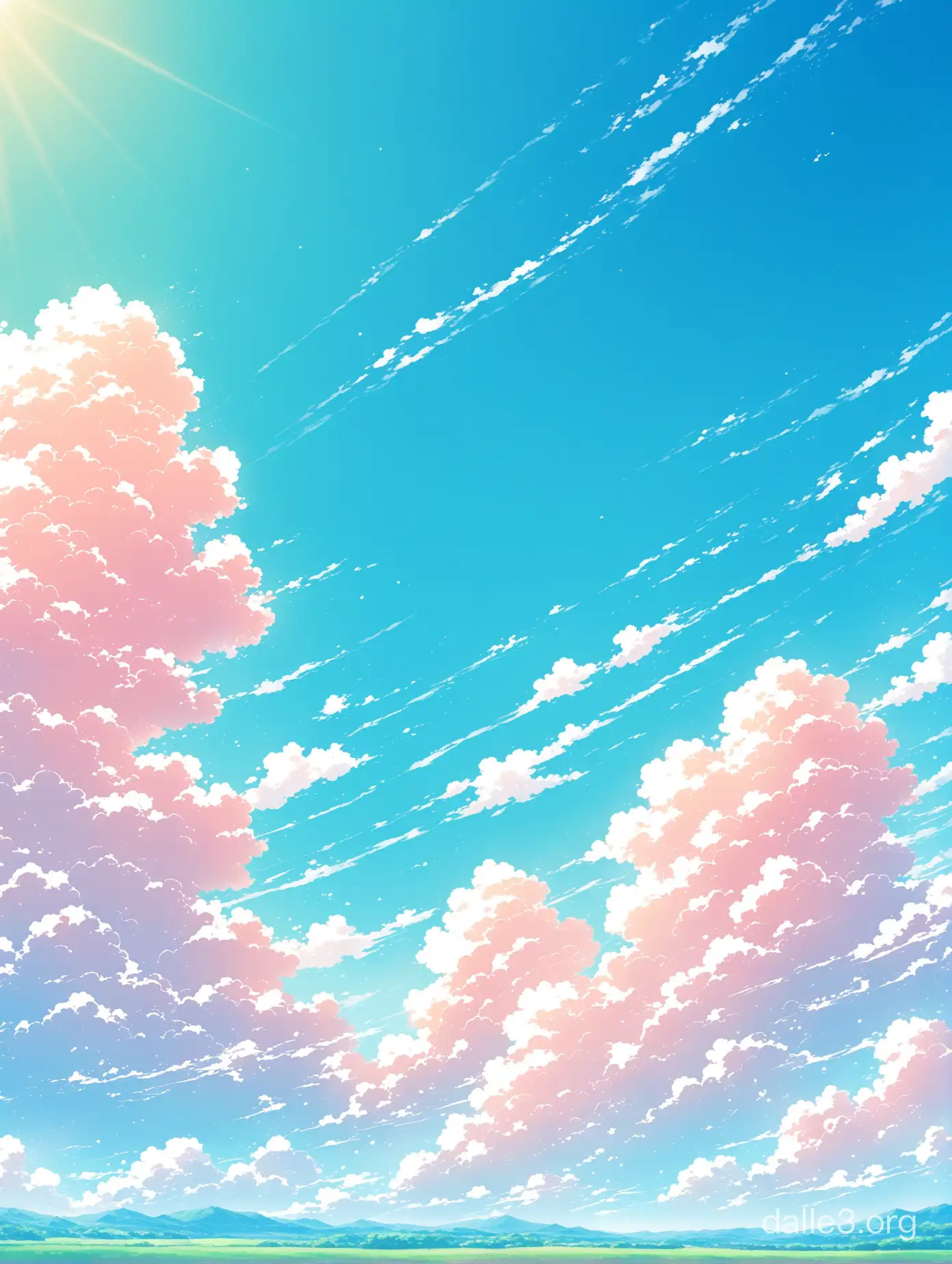 アニメ。春。青空、雲。柔らかい色。