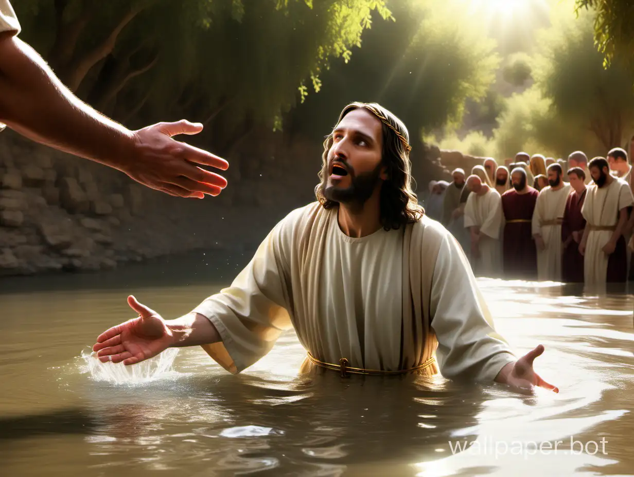 Jesus being baptized by John in the River Jordan at Galilee, realistic detail