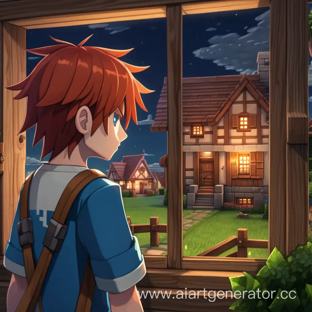 Curious-RedHaired-Boy-Gazing-Through-Window-at-Mysterious-AnimeInspired-Village-Scene
