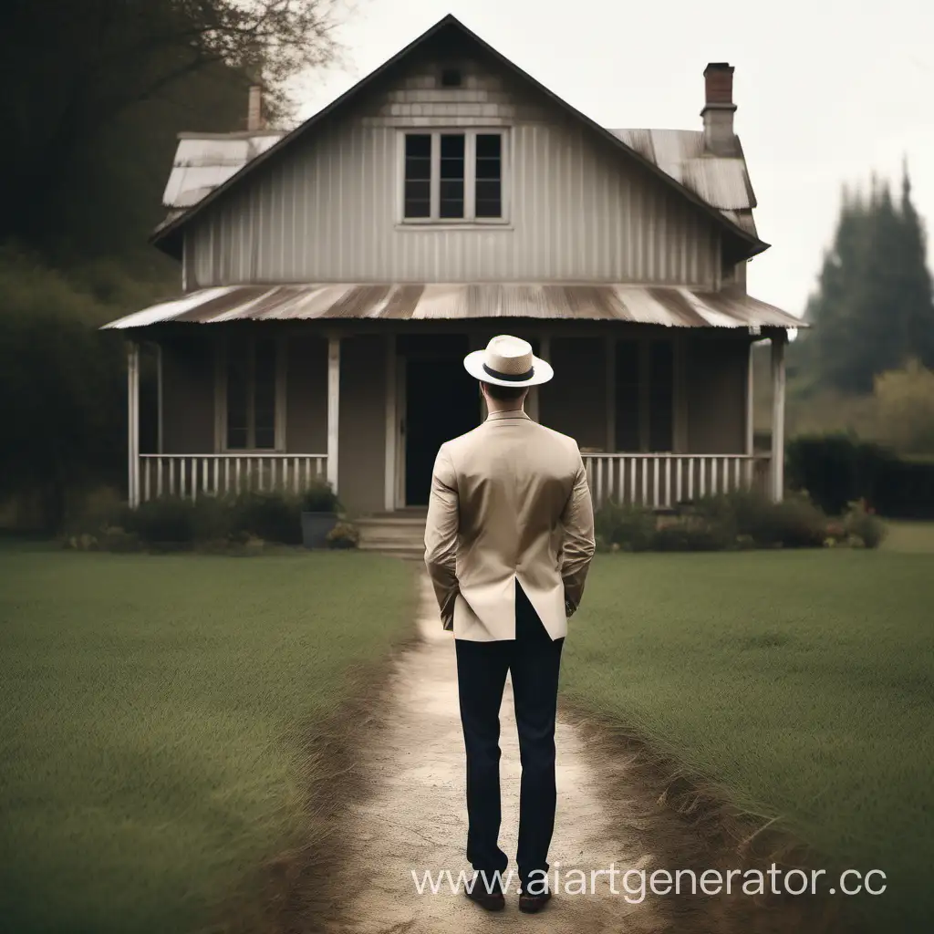 blonde young man from back angle, wearing hat and suit. Lookint at little farm house.  make only one old house and also show it more cinematic style.


