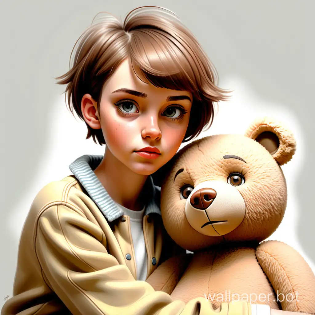 Sketch with colored pencils. Pop art painting of a 15-year-old girl with a teddy bear, clear skin, neat eyelashes, beautiful eyes, super short haircut, natural relaxed pose, spring clothing, full height, can sit, natural light, high level of detail, tenderness.