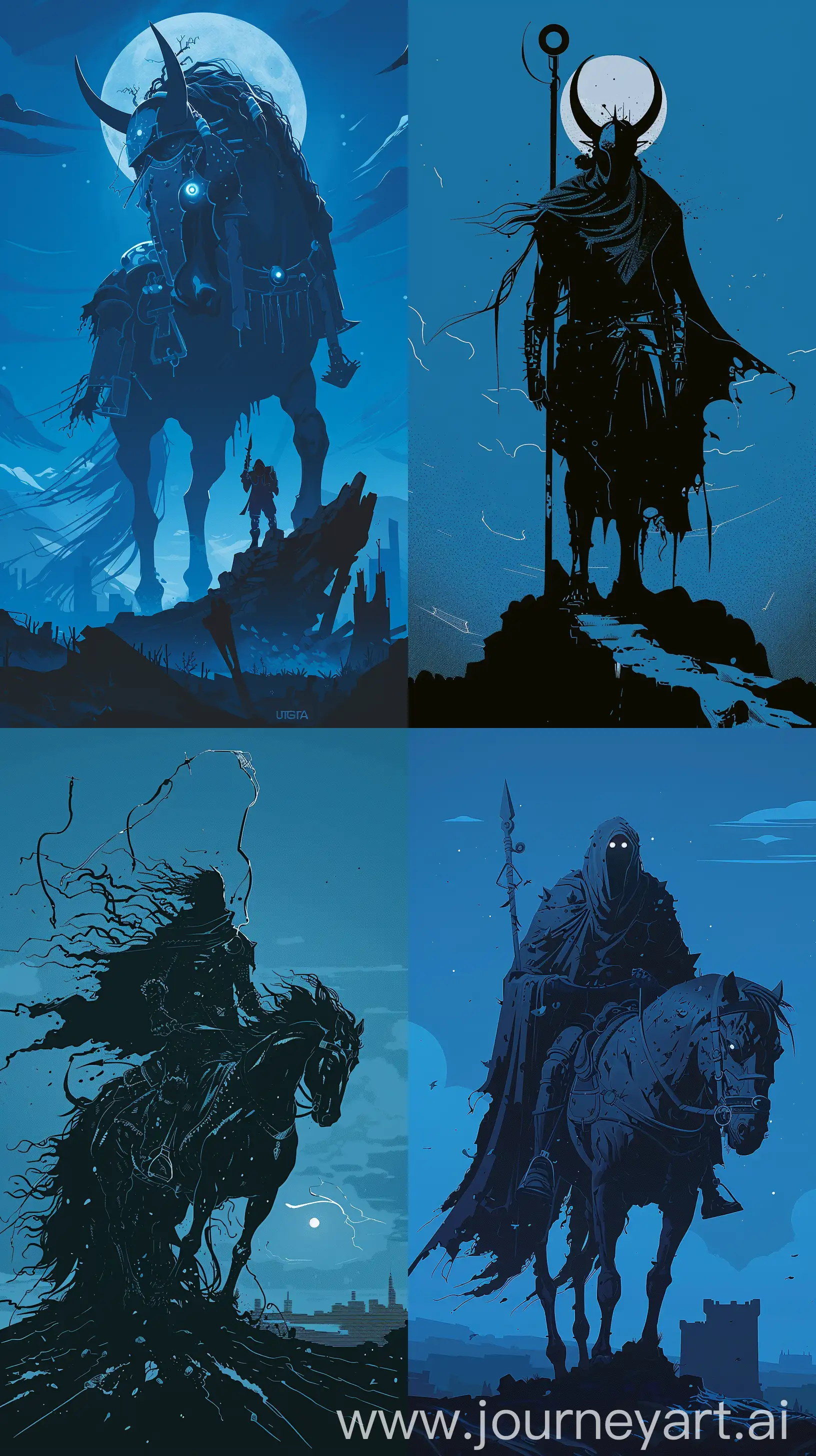 Depict a reimagined version of one of the Four Horsemen of the Apocalypse, adhering to Mignola's aesthetic. The character should be striking, with solid blacks and a minimalistic approach, set against a landscape that reflects the horseman's domain, whether it be war, famine, pestilence, or death. 10k uhd Maximalist Details, phone wallpaper,  blue colour , --ar 9:16 