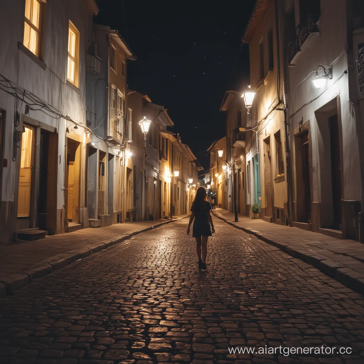 Девушка посередине яркой ночной улицы среди домов