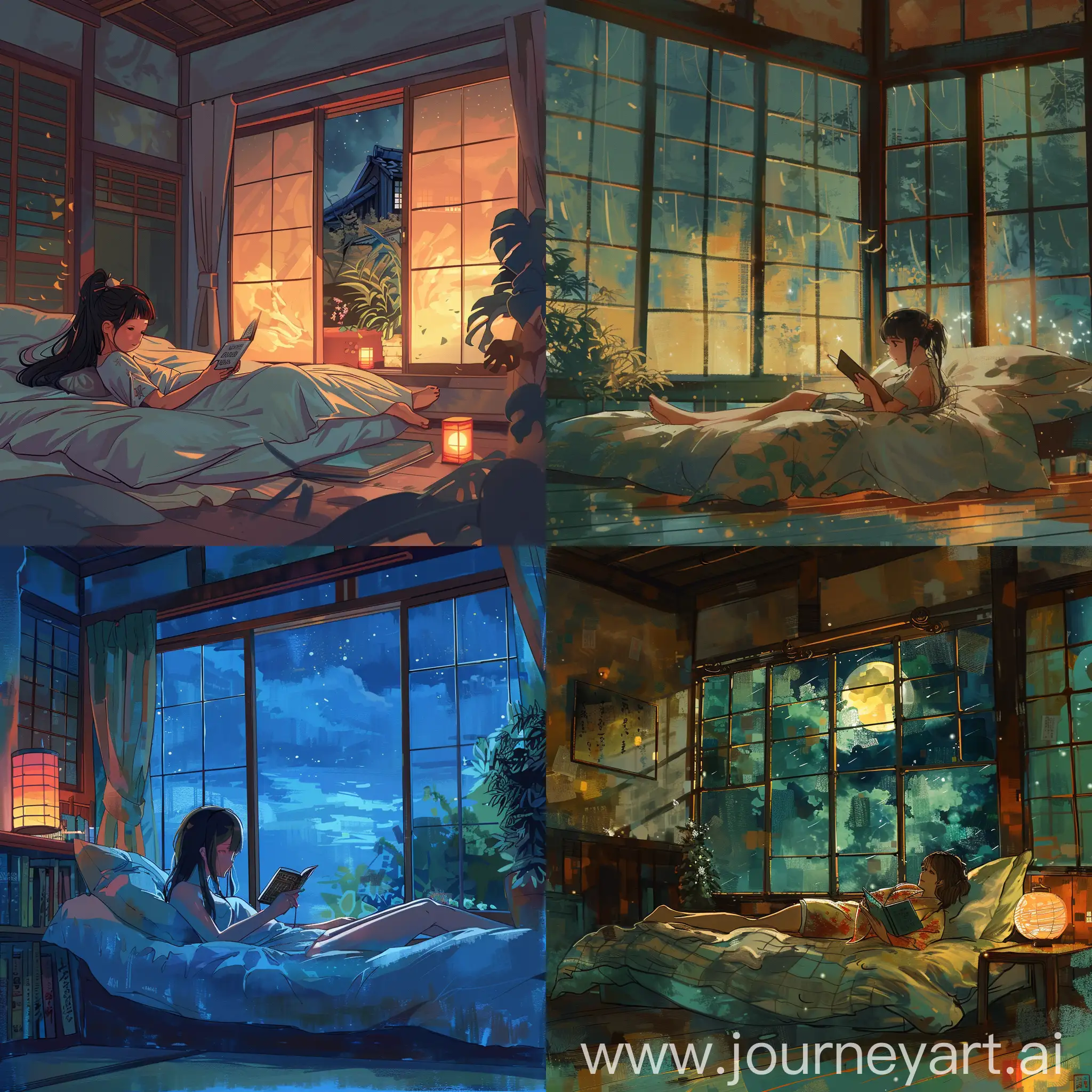 一个女孩躺在床上看书，床边有一个大窗，时间是晚上，风格是浪漫日系的，色彩要多彩些，