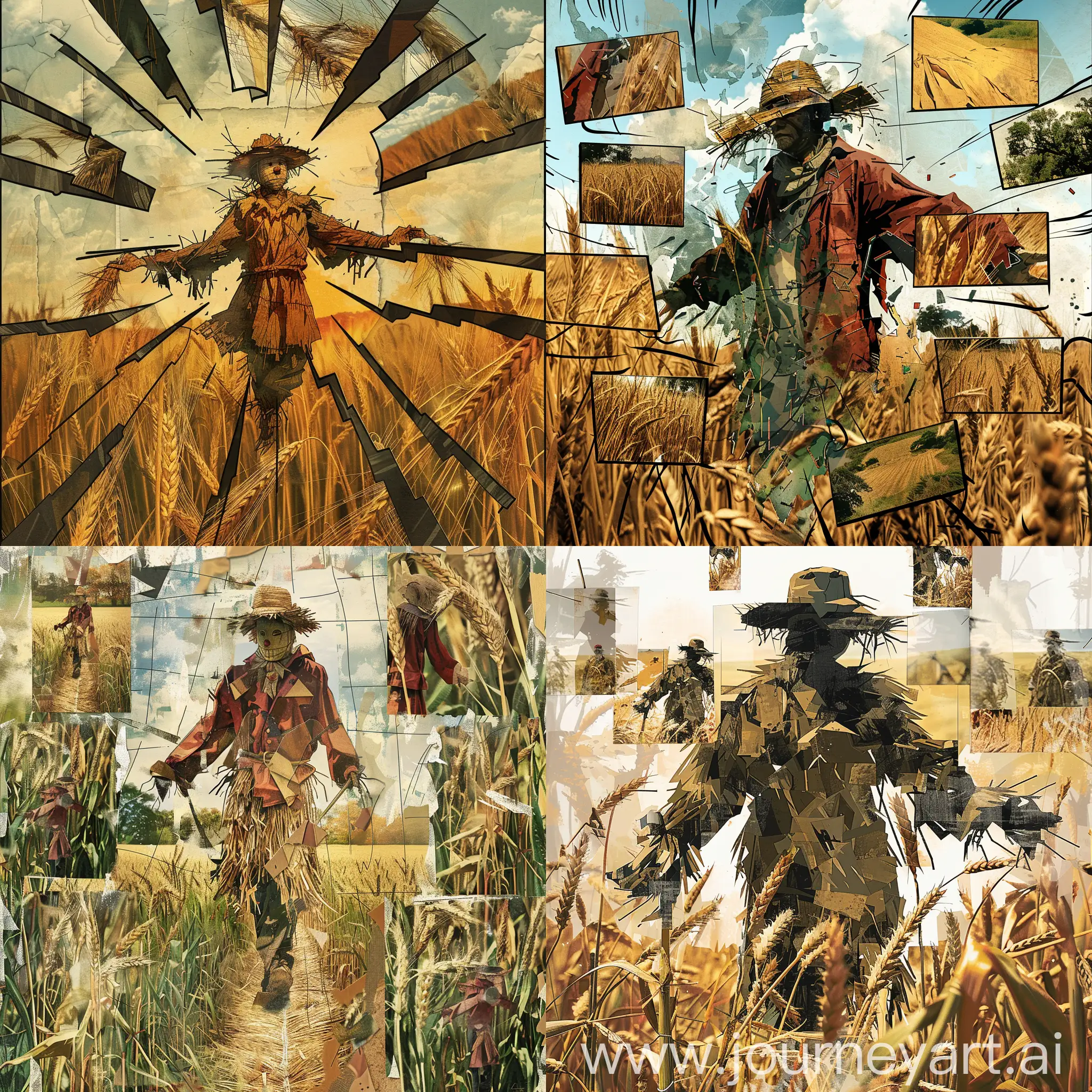 an story named "the straw bride". a art with a several pasted cuts of a scarecrow surrounded by a wheat field, a scarecrow, digital art, comic book