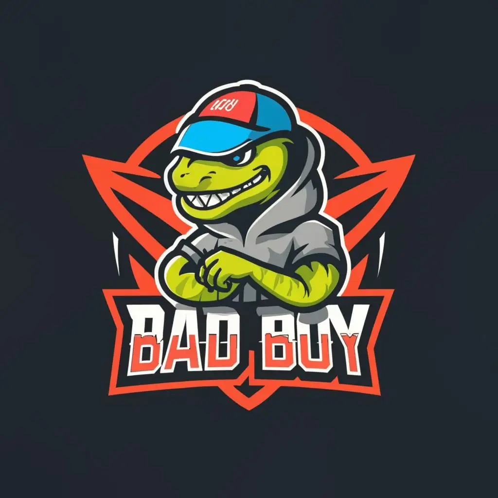 logo, abstract a brutal and street punk lizard in a cap and In a hoodie stands with folded arms, with the text "bad boy", typography, be used in Entertainment industry
