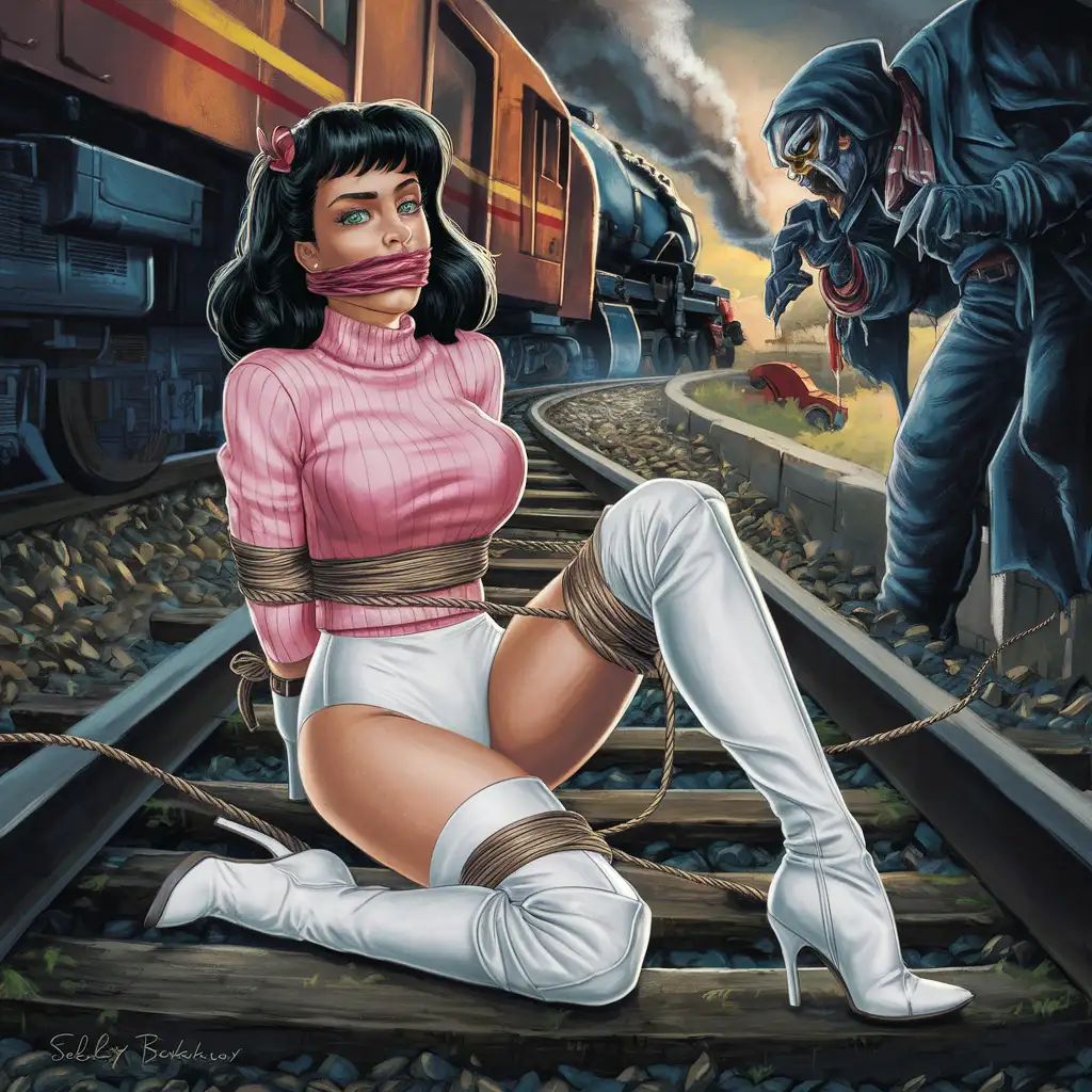 shelley bashkirov as the perils of hanna-barbera's penelope pitstop white hotpants white high heeled knee high boots pink turtleneck  boots together bondage tied up held captive by the villain full body image gag over her mouth in a railroad train tracks trap