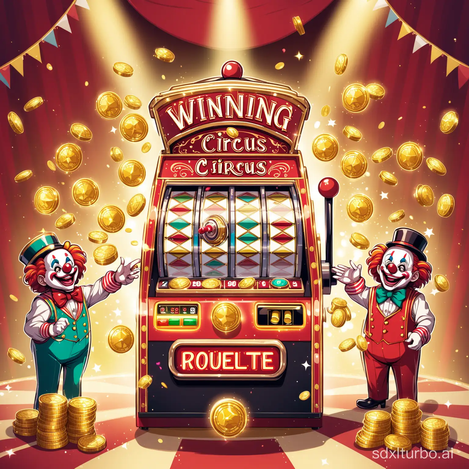 Push coin machine, roulette, clown, circus, gold coins, points, winning