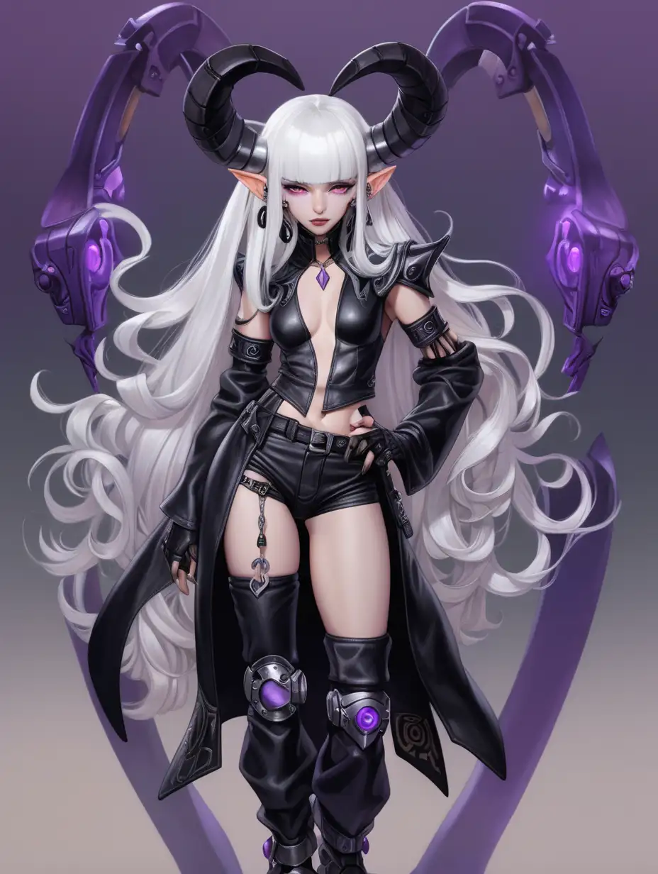 pale peach skin, long, flowing white hair with long curtain bangs tiefling; small black curly ram horns with silver piercings in them; dressed in black leather rogue outfit; robot left leg; dark ally in the background; purple energy hands