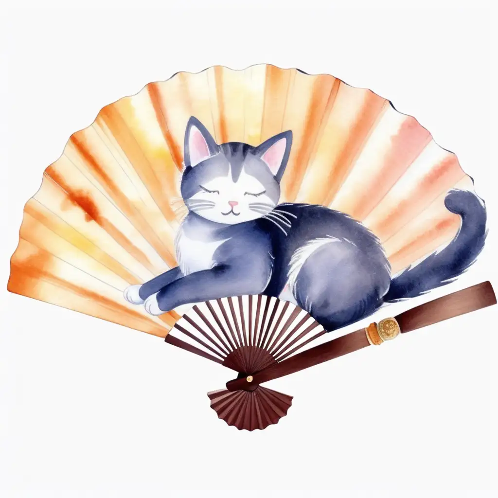 a hand fan that when unfolded shows a sleeping cat, watercolor drawing, no background