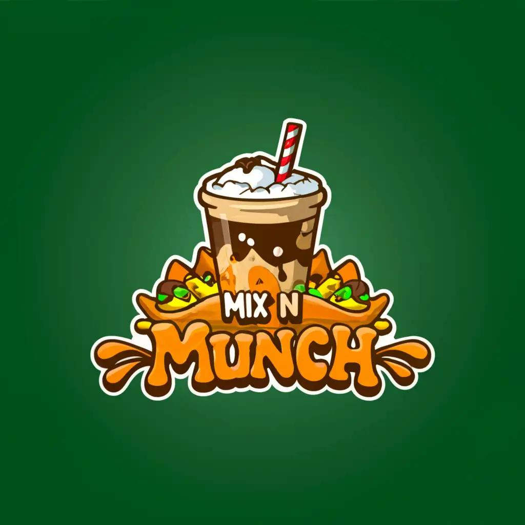 a logo design,with the text 'Mix N Munch', main symbol:Iced Coffee, Nachos, Green Soda,complex,clear background