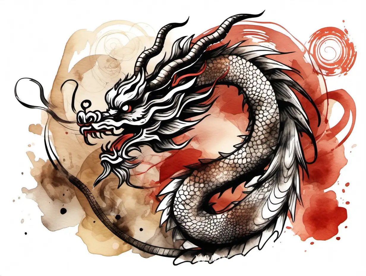 китайский дракон нарисованный тушью и акварелью в черно-белой графике с элементами коричневого и красного цвета