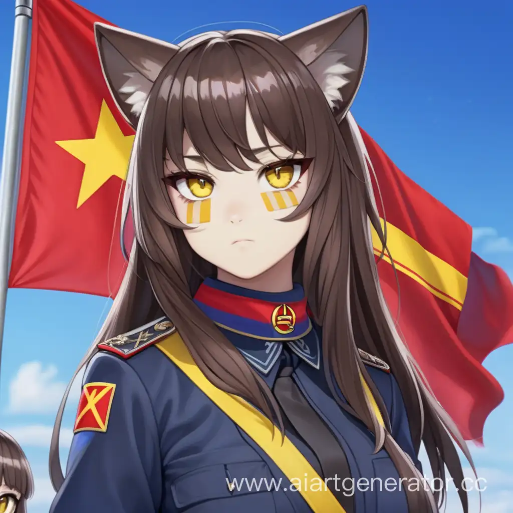 Communist squad Armenian brown hair yellow eyes catgirl  red flag with blue horizontal blue stripe in the middle
