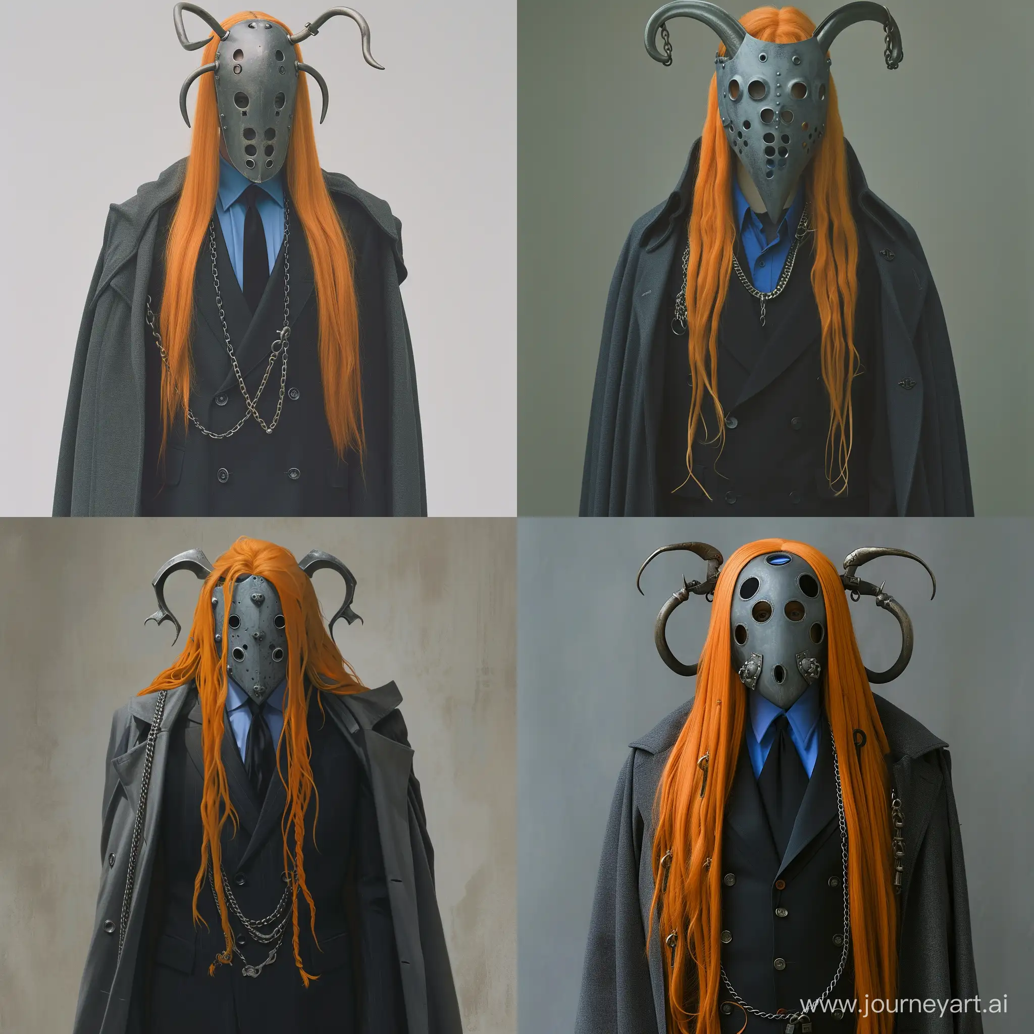 a tall man. He wears a gray metal mask with fourteen eye holes and two long curved bull horns, and his face has never been completely exposed. His long orange hair falls over his chest and the rest runs down his back. He wears a double-breasted black suit with a blue shirt and black tie, a coat draped over his shoulders, and a chain around his neck.