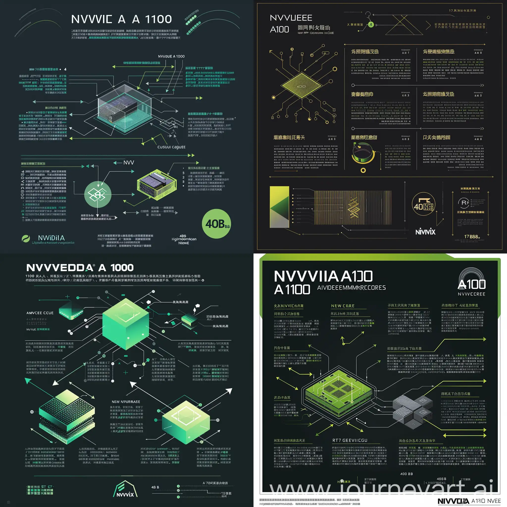  Nvidia A100 Architecture This infographic showcases the key components of the Nvidia A100 architecture.  Sections:  Top Left: Title - "Nvidia A100 GPU Architecture" Center Left: Block: Ampere Streaming Multiprocessor (SM) Text inside: "的核心 (Héxīn) - Core" (Core in Chinese) List surrounding the block: 128 FP32 CUDA Cores 4 Third-Generation Tensor Cores New RT Cores for Ray Tracing New In-Memory Computing Cache Center Right: Block: NVLink and PCIe Gen 4 Interconnects Text inside: "互连 (Hùlián) - Interconnection" (Interconnection in Chinese) Arrows depicting data flow between SMs and other components Bottom Left: Block: 40GB HBM2e Memory Text inside: "高速内存 (Gāosù nèncún) - High-Speed Memory" (High-Speed Memory in Chinese) Spec: 1.6 TB/s Bandwidth Bottom Right: Nvidia Logo