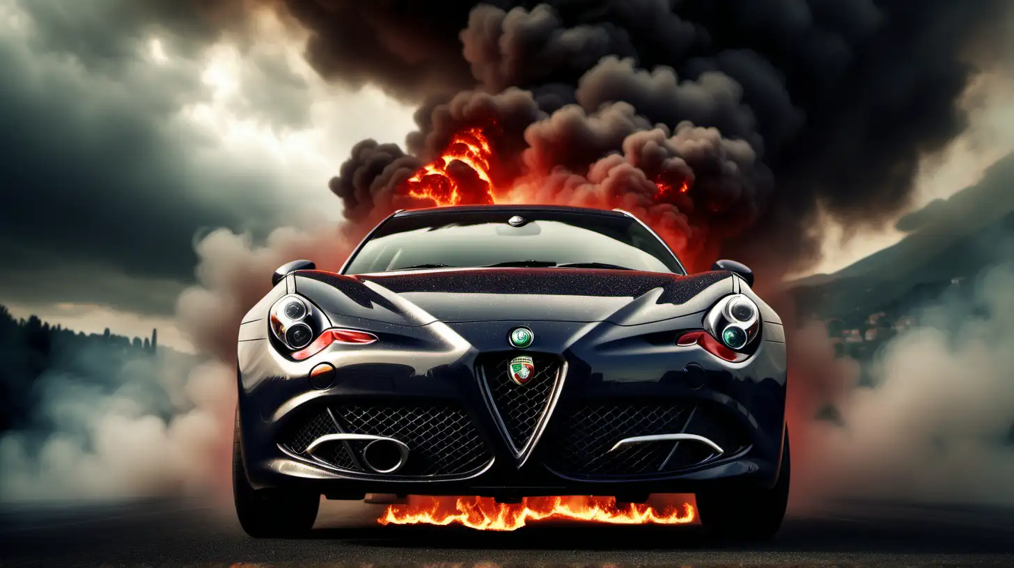 Alfa Romeo logo na tle pochmurnego dnia z efektem dymu i ognia, ostra kolorystyka, ultra realistyczne logo powinno być wiernie odwzorowane ma być orginalne 