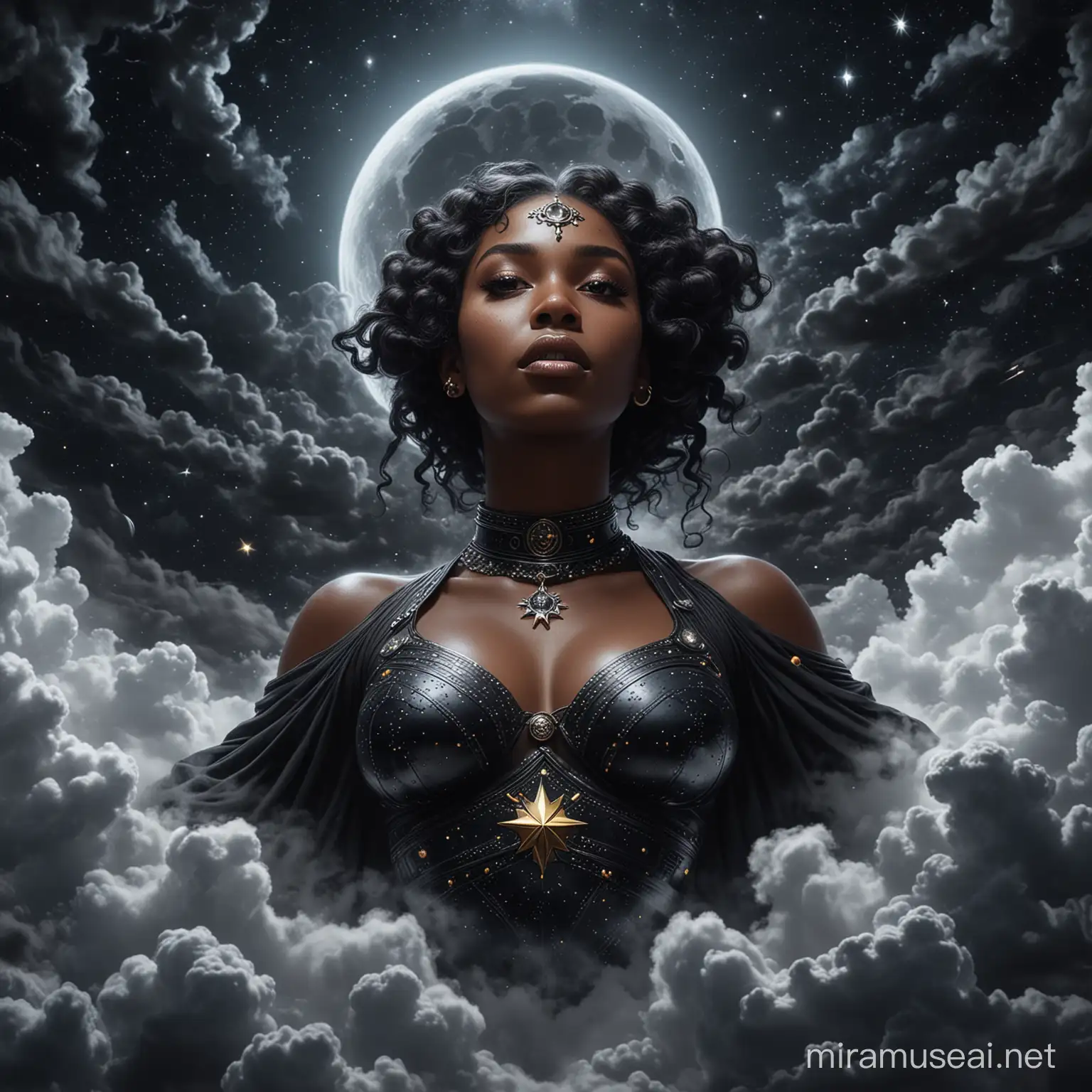Upclose black female goddess floating thru the clouds at night with stars and moon hyper realism 35mm star wars inspired
