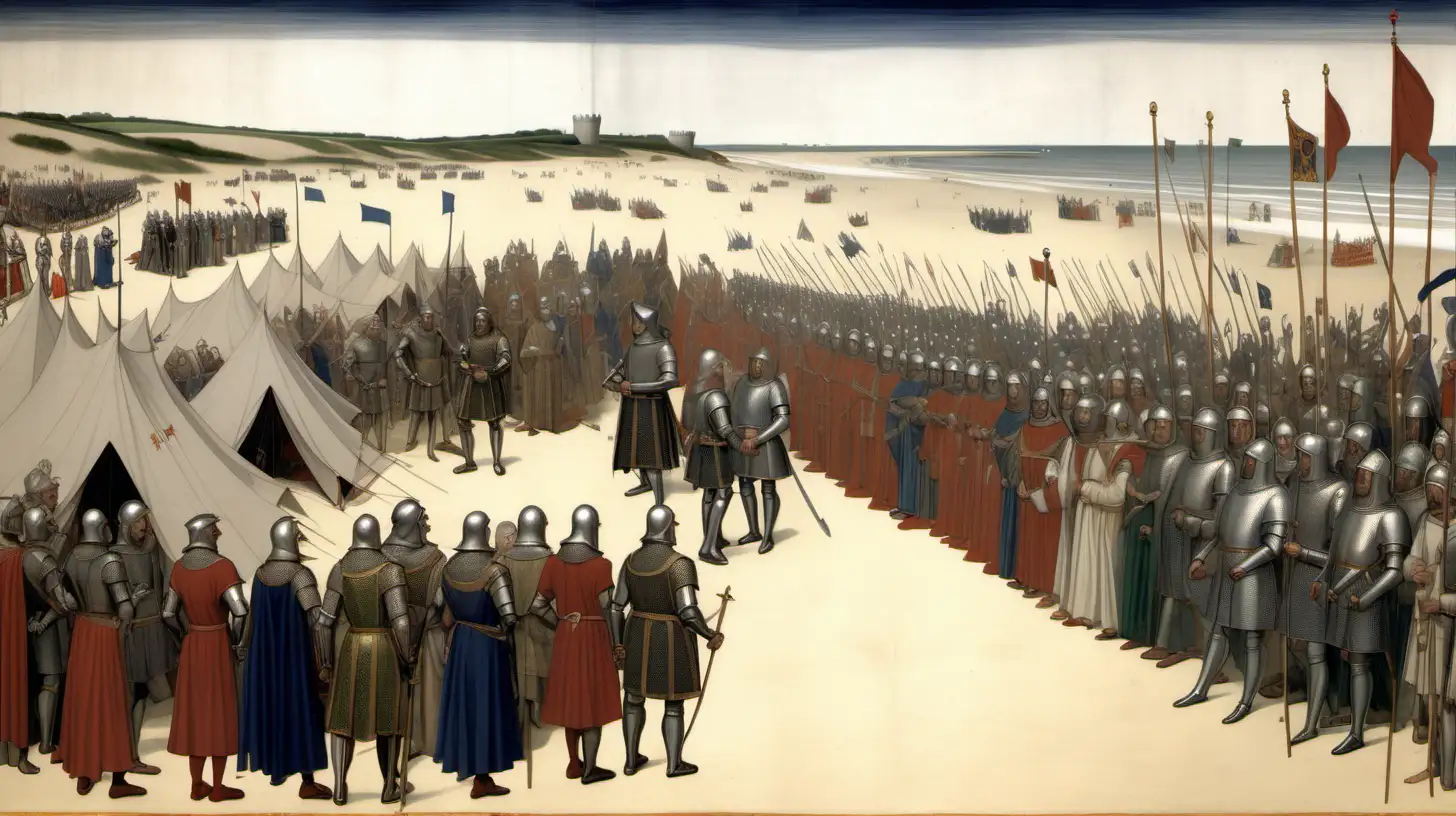 Aged King Edward I Holding Court with Barons on Flat Sands 14th Century