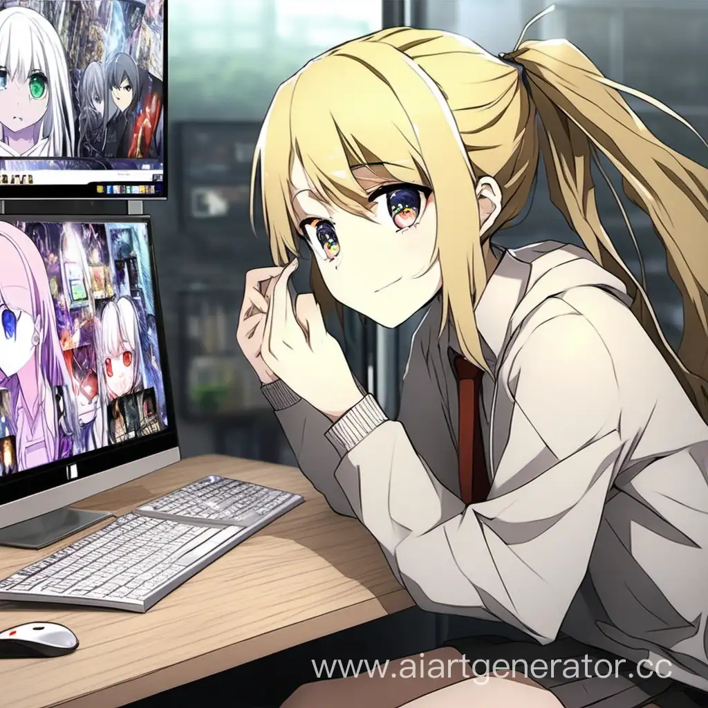 
Девочка смотрит мемы  на пк в ютубе
 аниме

