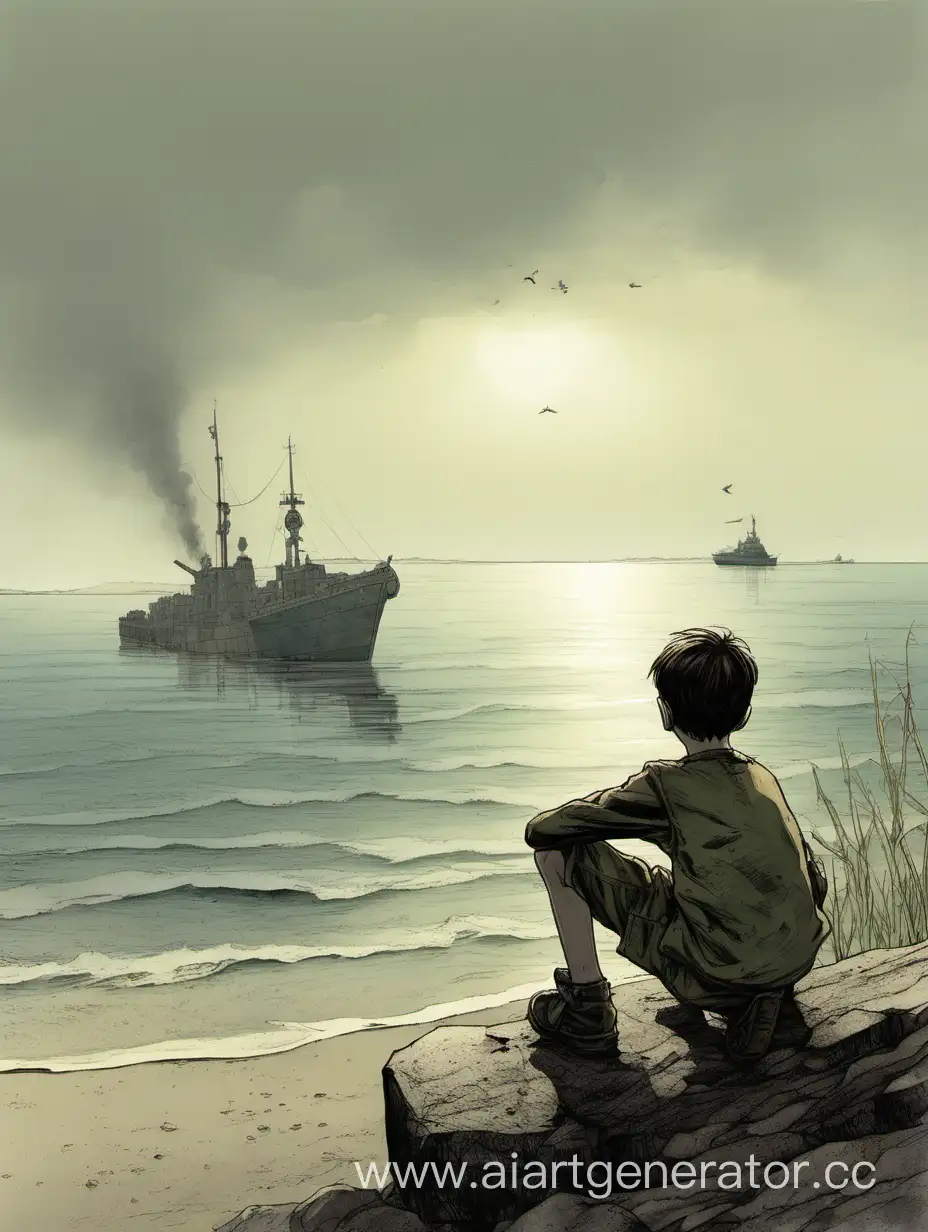 Peaceful-Seaside-Boy-Amidst-Distant-Warfare