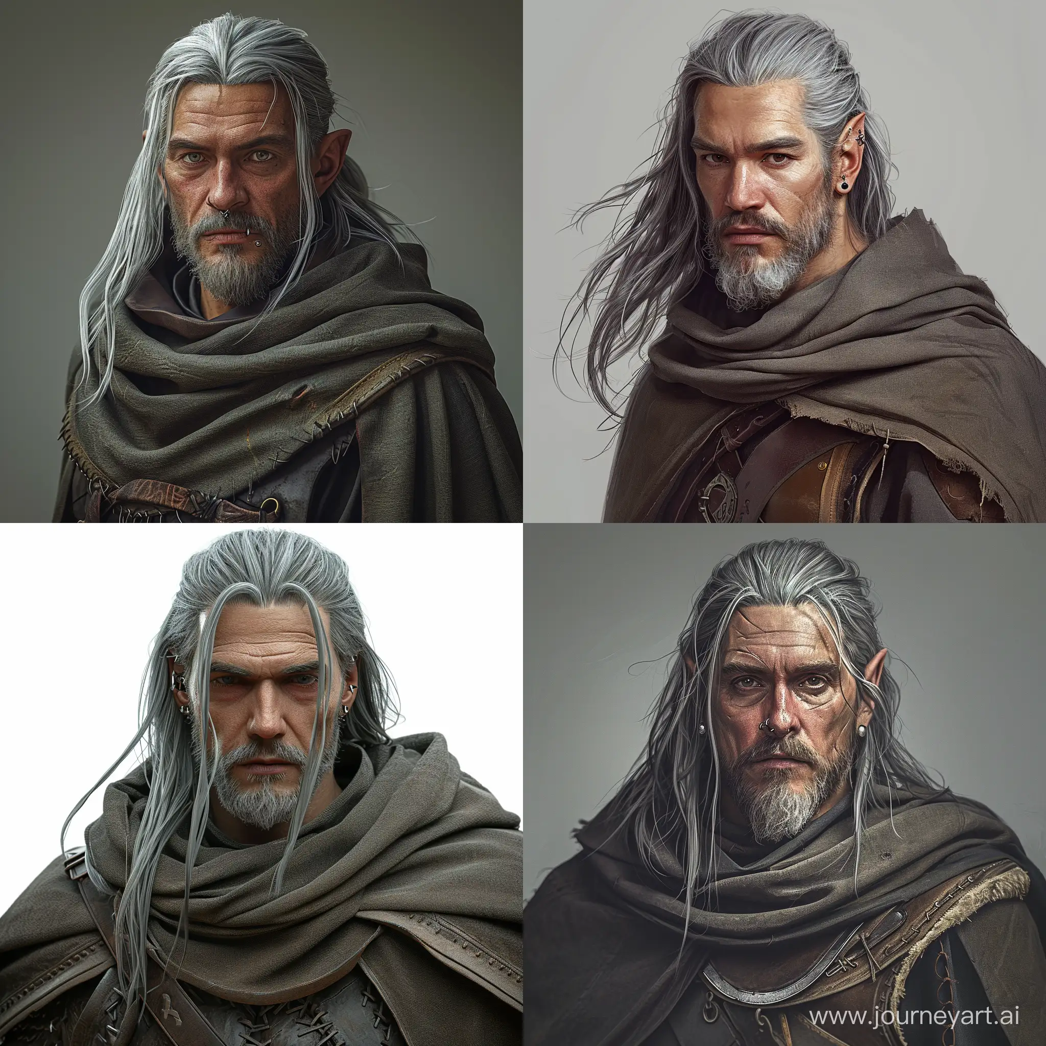 Generate a realistic image of beardless ice mage with long gray hair swept back. He is about 30 years old, wearing a cloak and leather armor. His face is round, with piercings in his lips and ears
