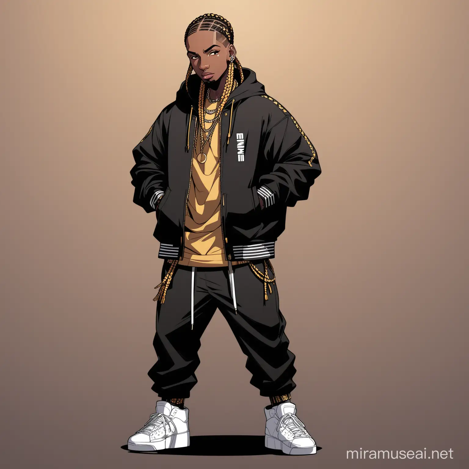 Animated Black Man Rapper with Cornrow Hairstyle Vibrant Full Body Illustration