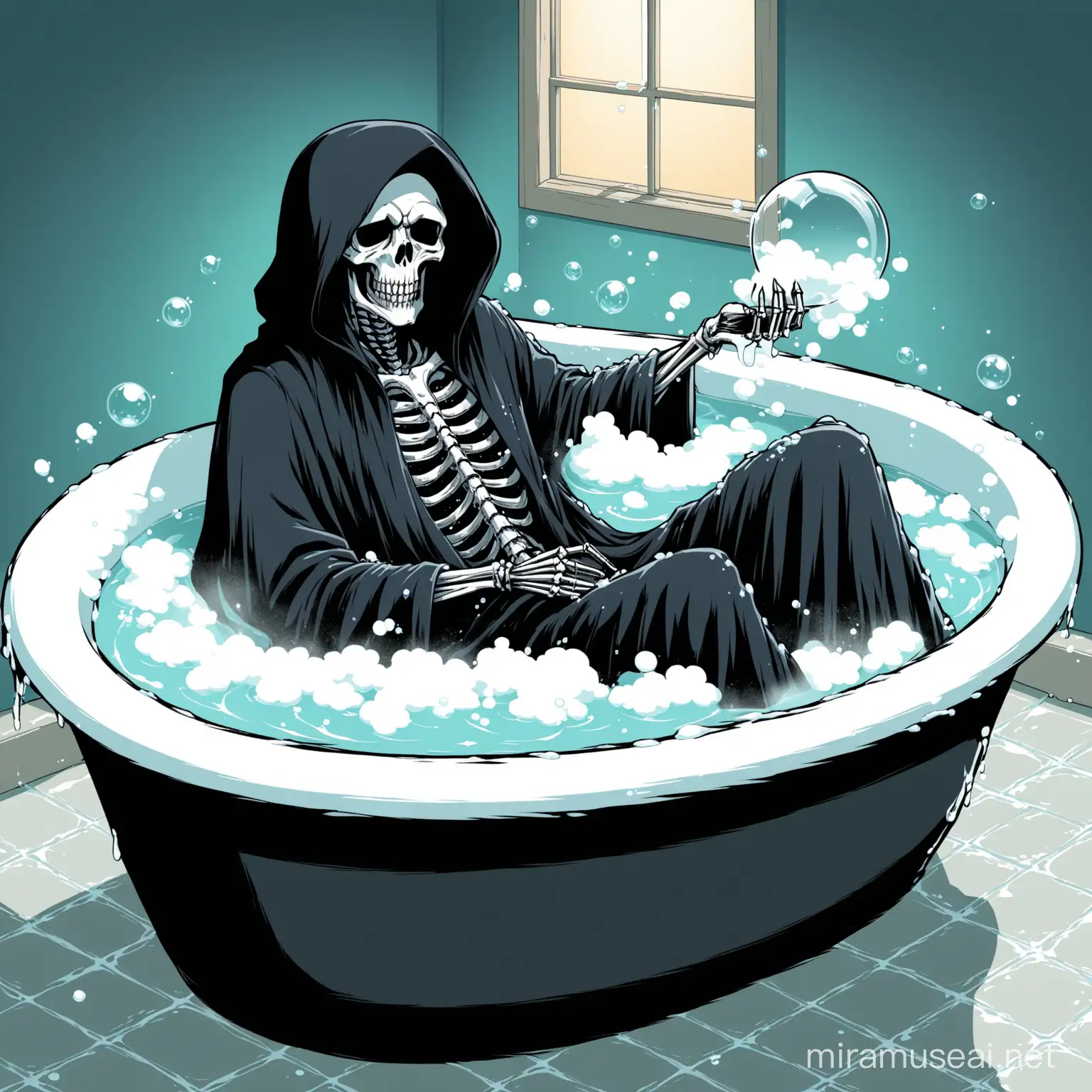 Grim Reaper Relaxing in Bubble Bath Tub with Overflowing Water